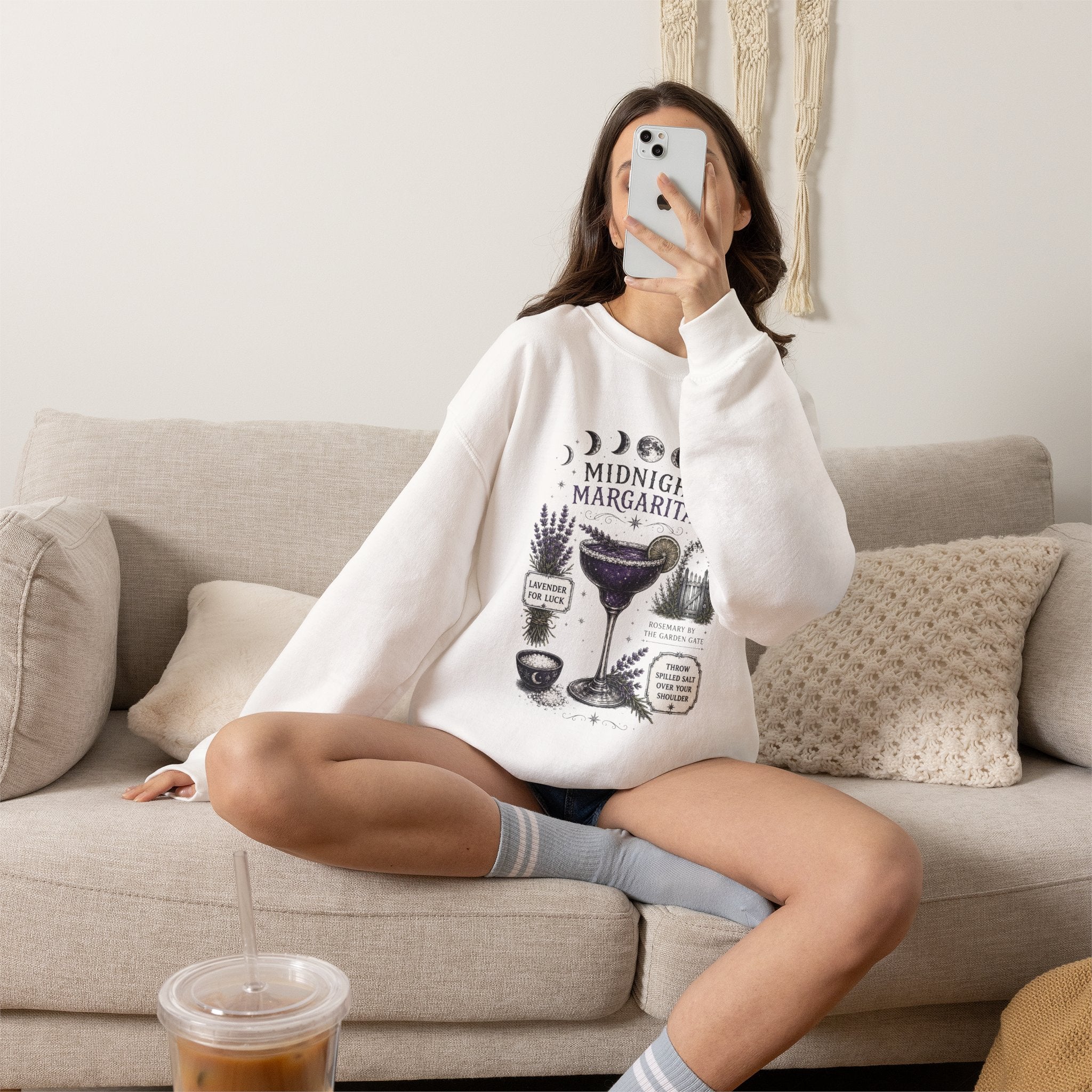 Midnight Margaritas Crewneck Sweatshirt — Moon Phase Cocktail Graphic