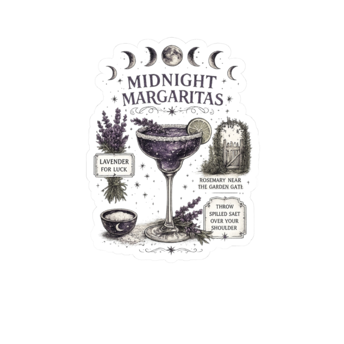 Midnight Margaritas Kiss-Cut Sticker — Lunar Cocktail Illustration with Lavender & Rosemary