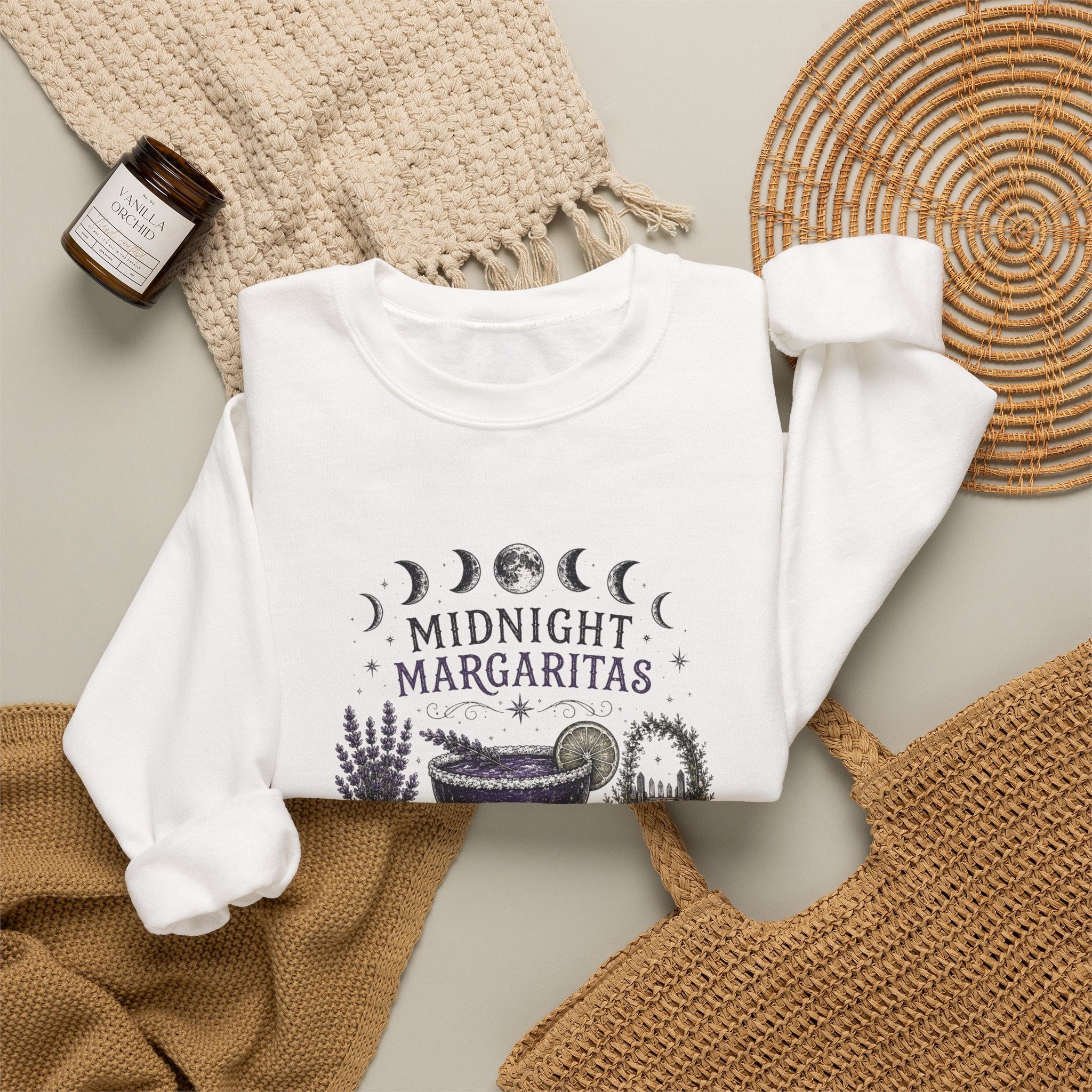 Midnight Margaritas Crewneck Sweatshirt — Moon Phase Cocktail Graphic