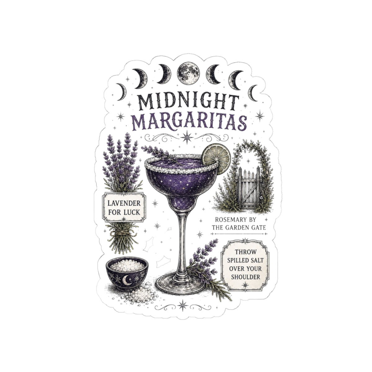 Midnight Margaritas Kiss-Cut Sticker — Lunar Cocktail Illustration with Lavender & Rosemary