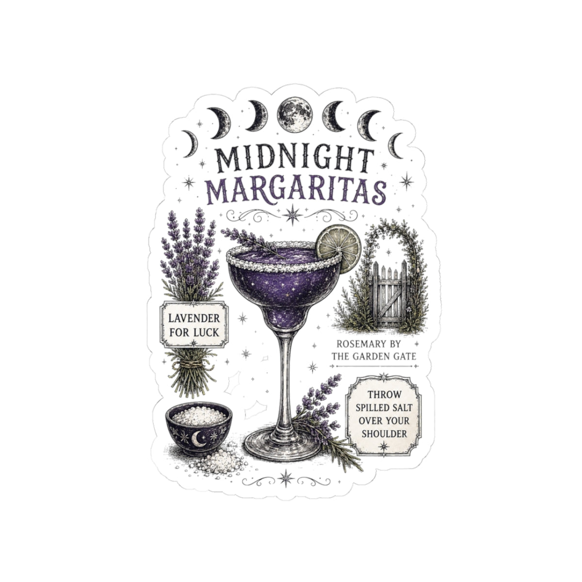 Midnight Margaritas Kiss-Cut Sticker — Lunar Cocktail Illustration with Lavender & Rosemary