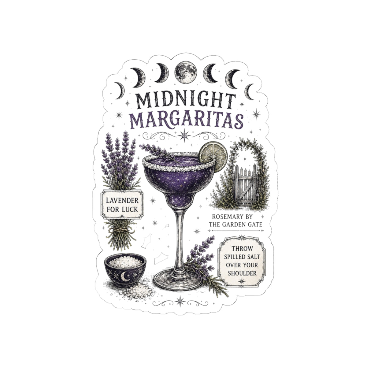 Midnight Margaritas Kiss-Cut Sticker — Lunar Cocktail Illustration with Lavender & Rosemary