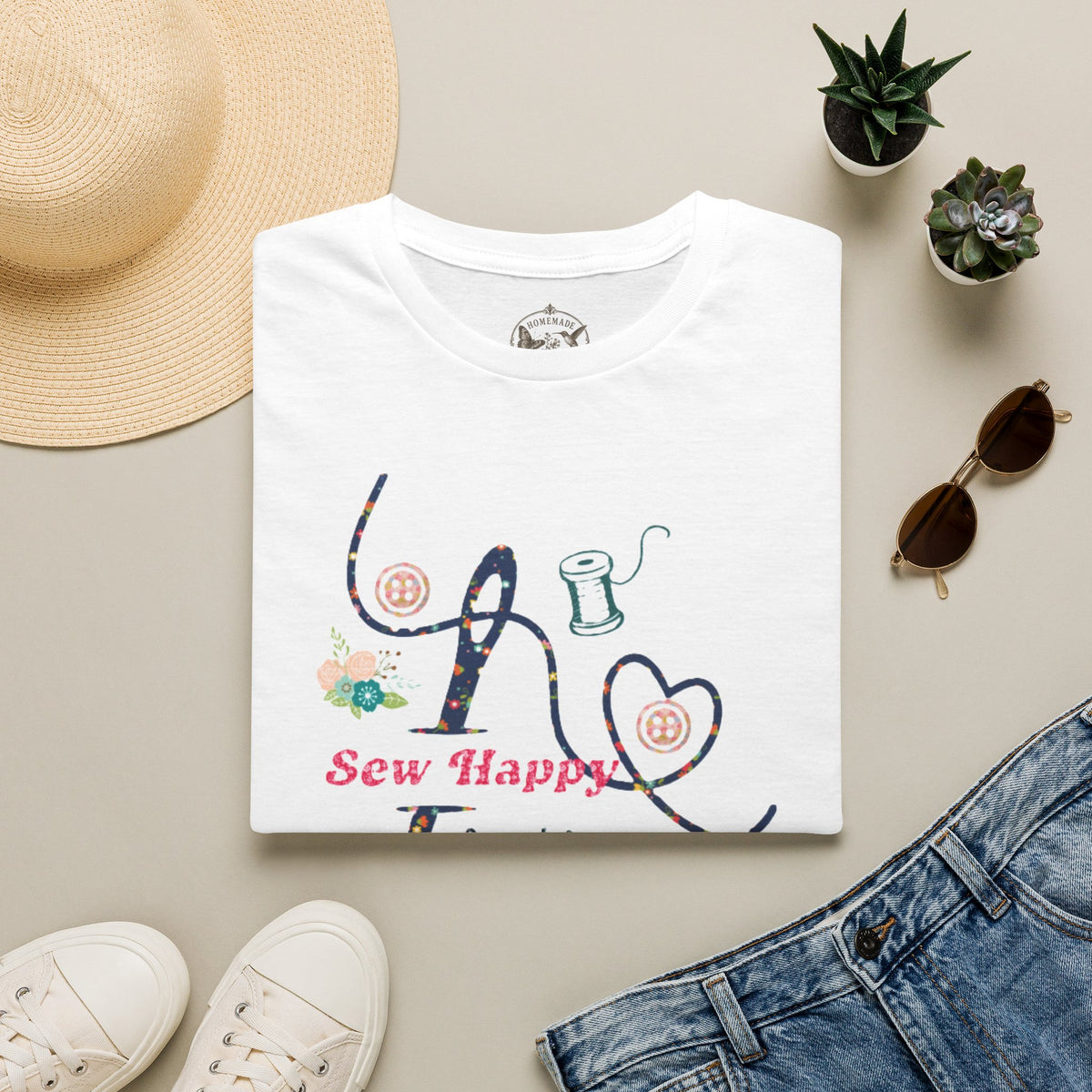 Sew Happy T-Shirt — Cute Sewing Machine & Heart Stitch Design