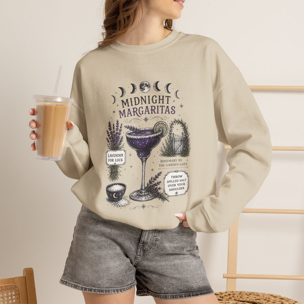 Midnight Margaritas Crewneck Sweatshirt — Moon Phase Cocktail Graphic