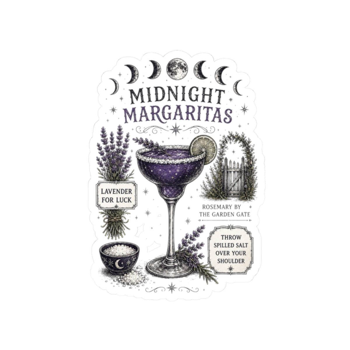 Midnight Margaritas Kiss-Cut Sticker — Lunar Cocktail Illustration with Lavender & Rosemary
