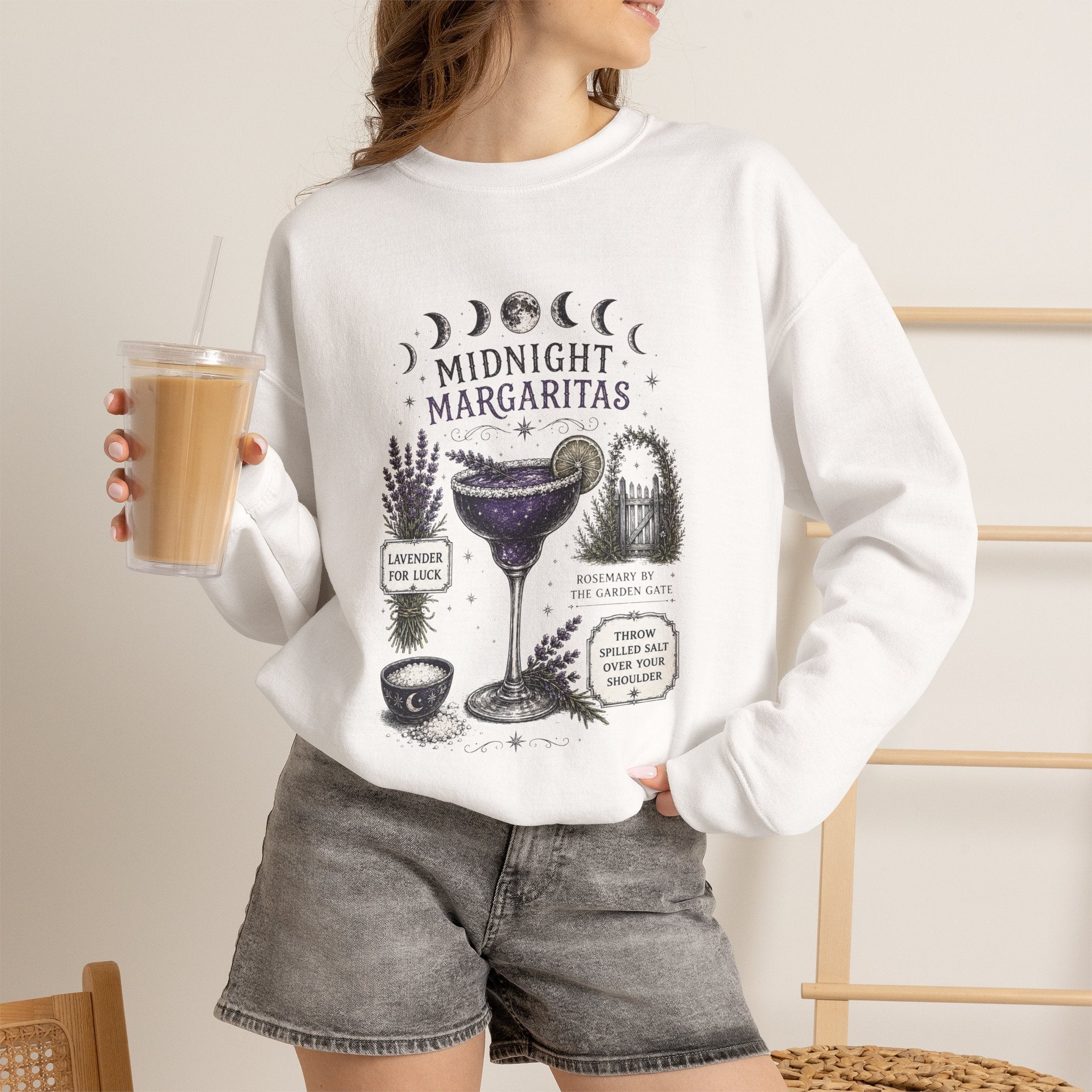 Midnight Margaritas Crewneck Sweatshirt — Moon Phase Cocktail Graphic