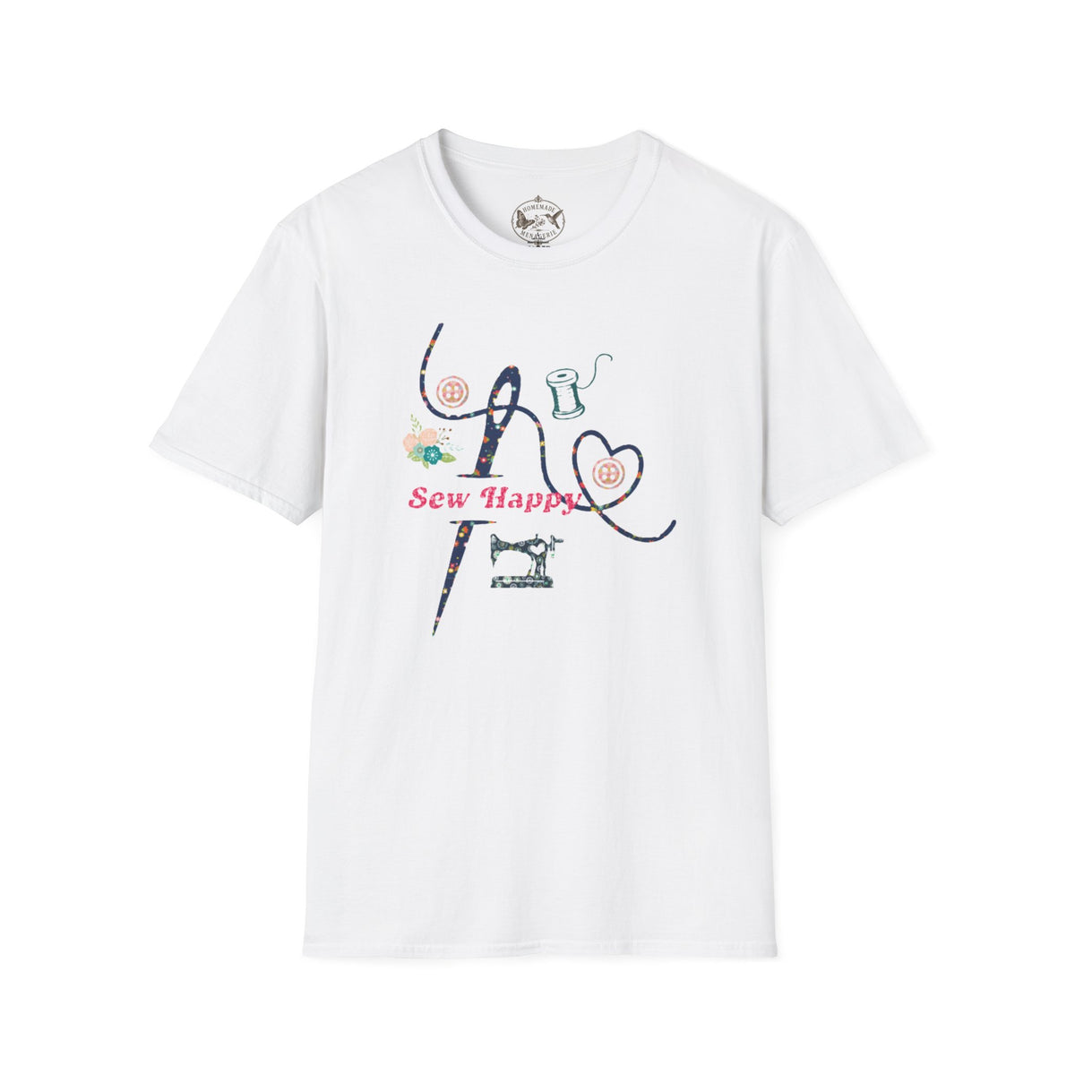 Sew Happy T-Shirt — Cute Sewing Machine & Heart Stitch Design