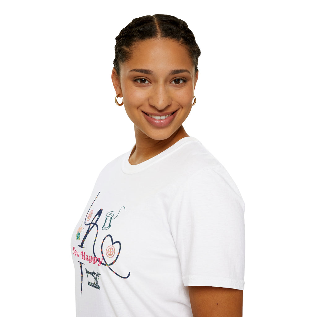 Sew Happy T-Shirt — Cute Sewing Machine & Heart Stitch Design