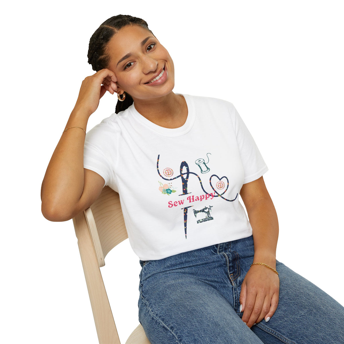 Sew Happy T-Shirt — Cute Sewing Machine & Heart Stitch Design