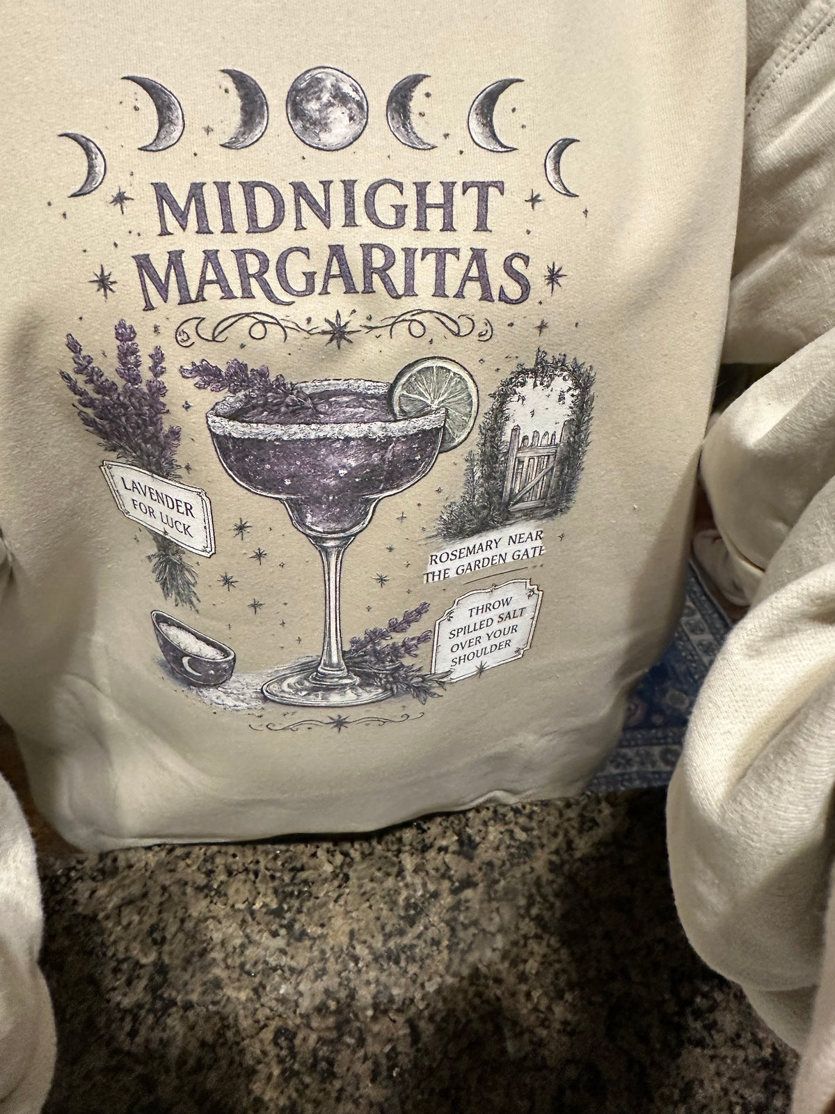 Midnight Margaritas Crewneck Sweatshirt — Moon Phase Cocktail Graphic